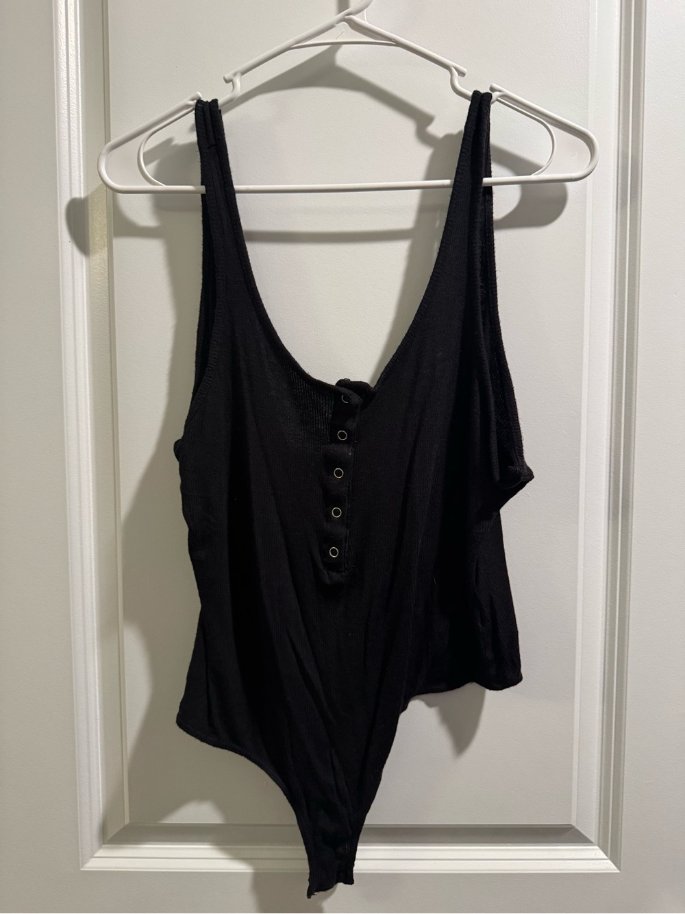 Charlotte Russe Black Ribbed Scoop Button-Front Bodysuit